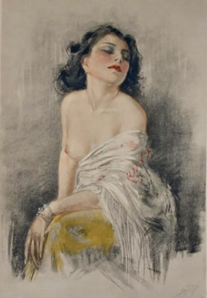Art Déco Pastel Drawing – Female Half-Nude Portrait, c. 1925