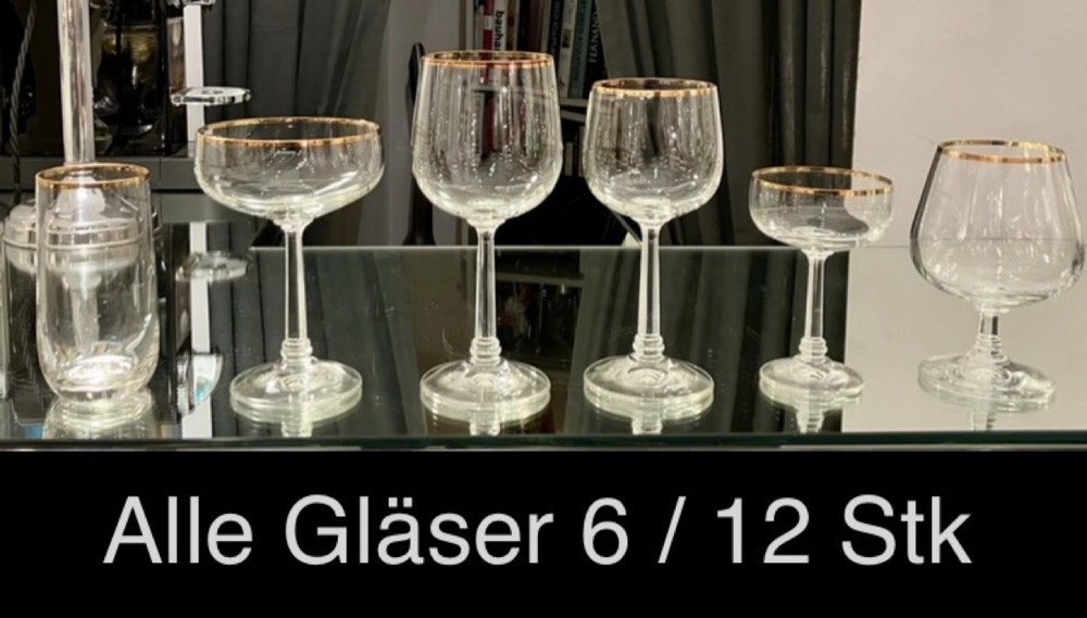 Crystal Glass Service with Gold Rim, each 6 or 12 Pieces
