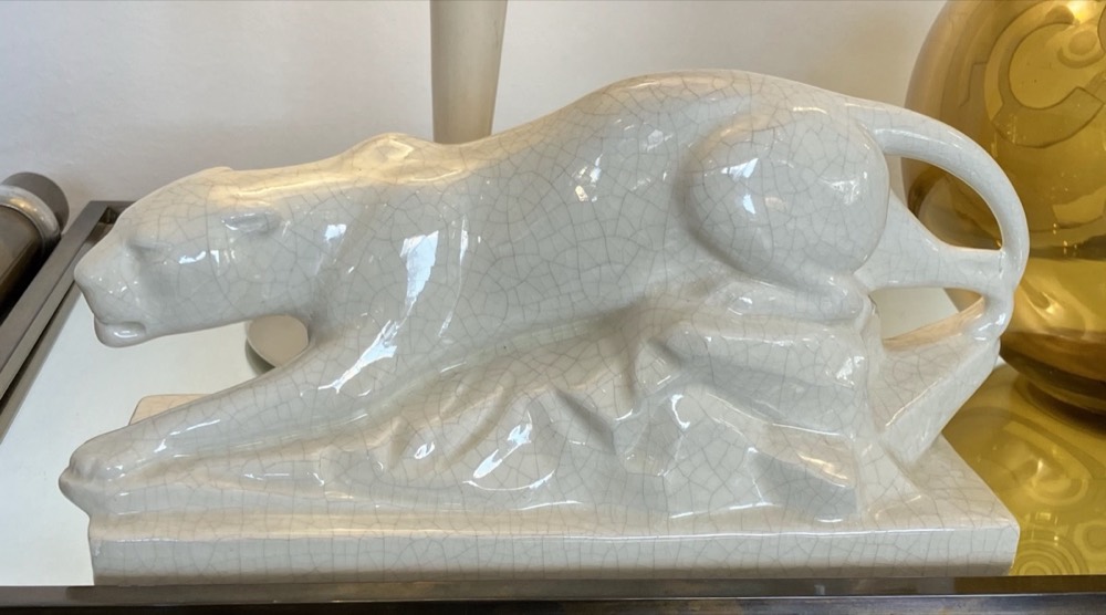 Ceramic Panther Figure, White Craquelure Glaze, Signed: Sigel
