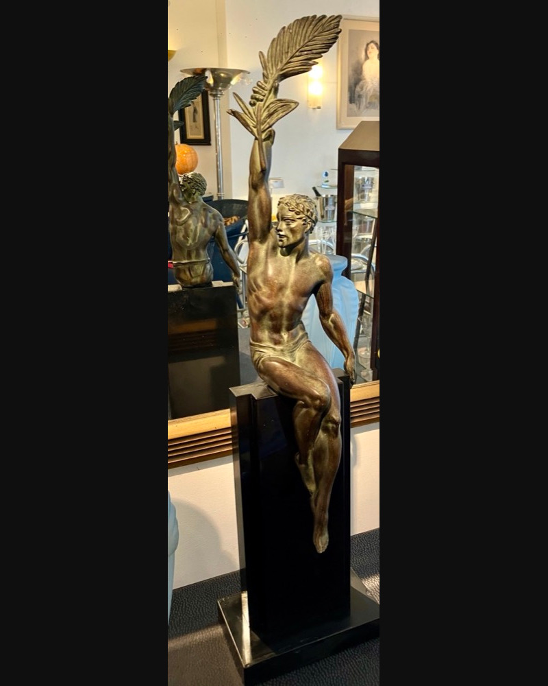 Le Victoire, Spelter, Signed: Le Faguays Male Athlete with Palm Frond, Marble Base