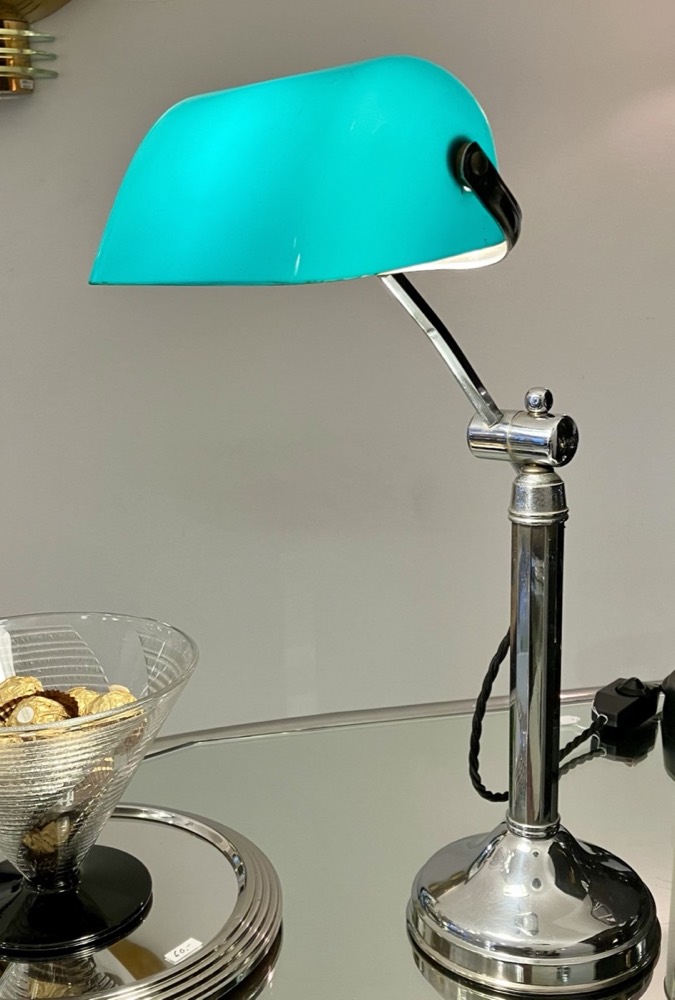 Banker's Lamp – Turquoise Glass Shade, Chrome Base, Adjustable Arm