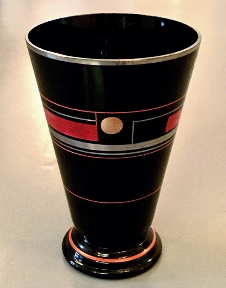 Vase Hyalitglas, geometrisches Banddekor, Doyen Belgien