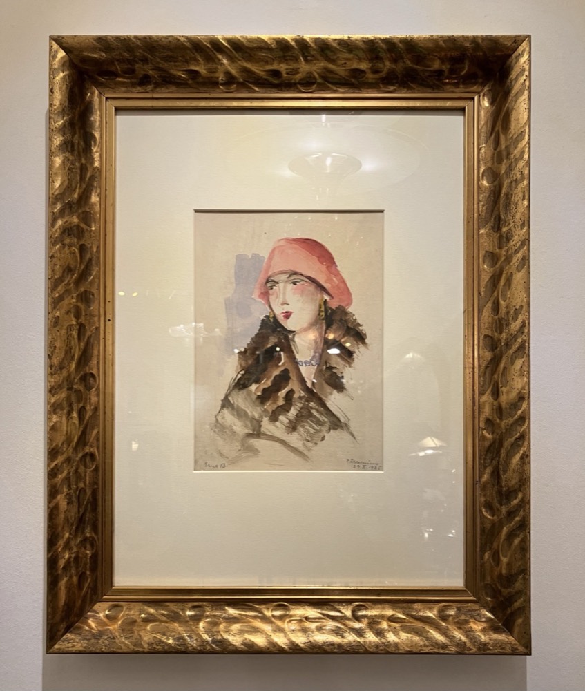 Watercolour – Portrait Lady with Red Hat and Fur Collar, Signed