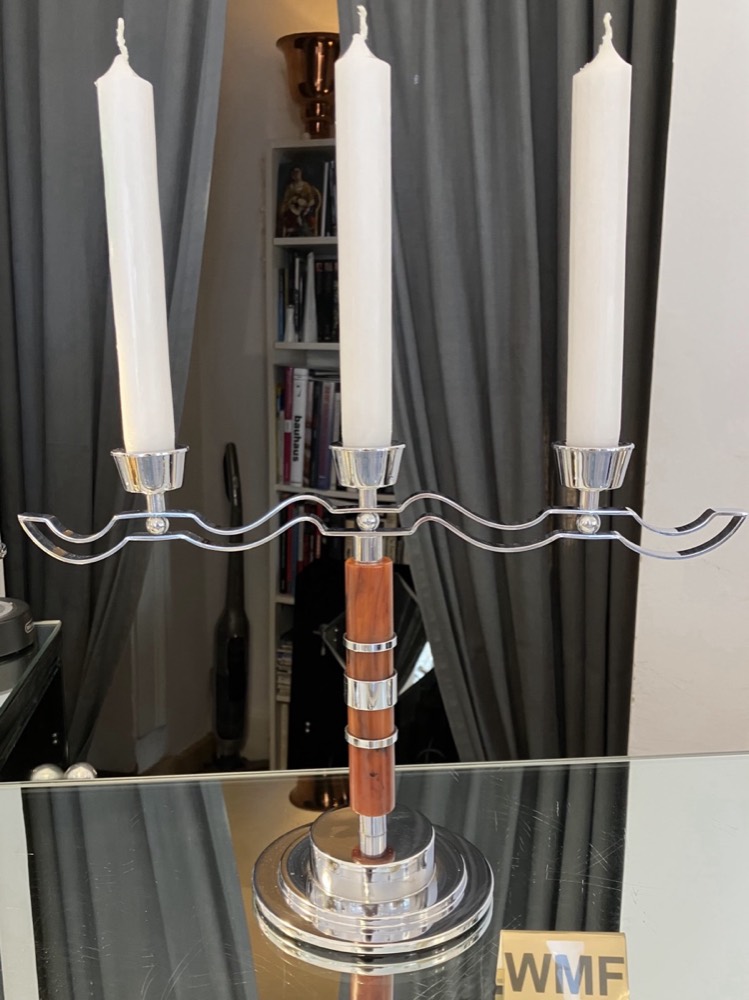 WMF Candelabra – Three-Arm, Chrome, Bakelite Shaft, Wave Crossbar
